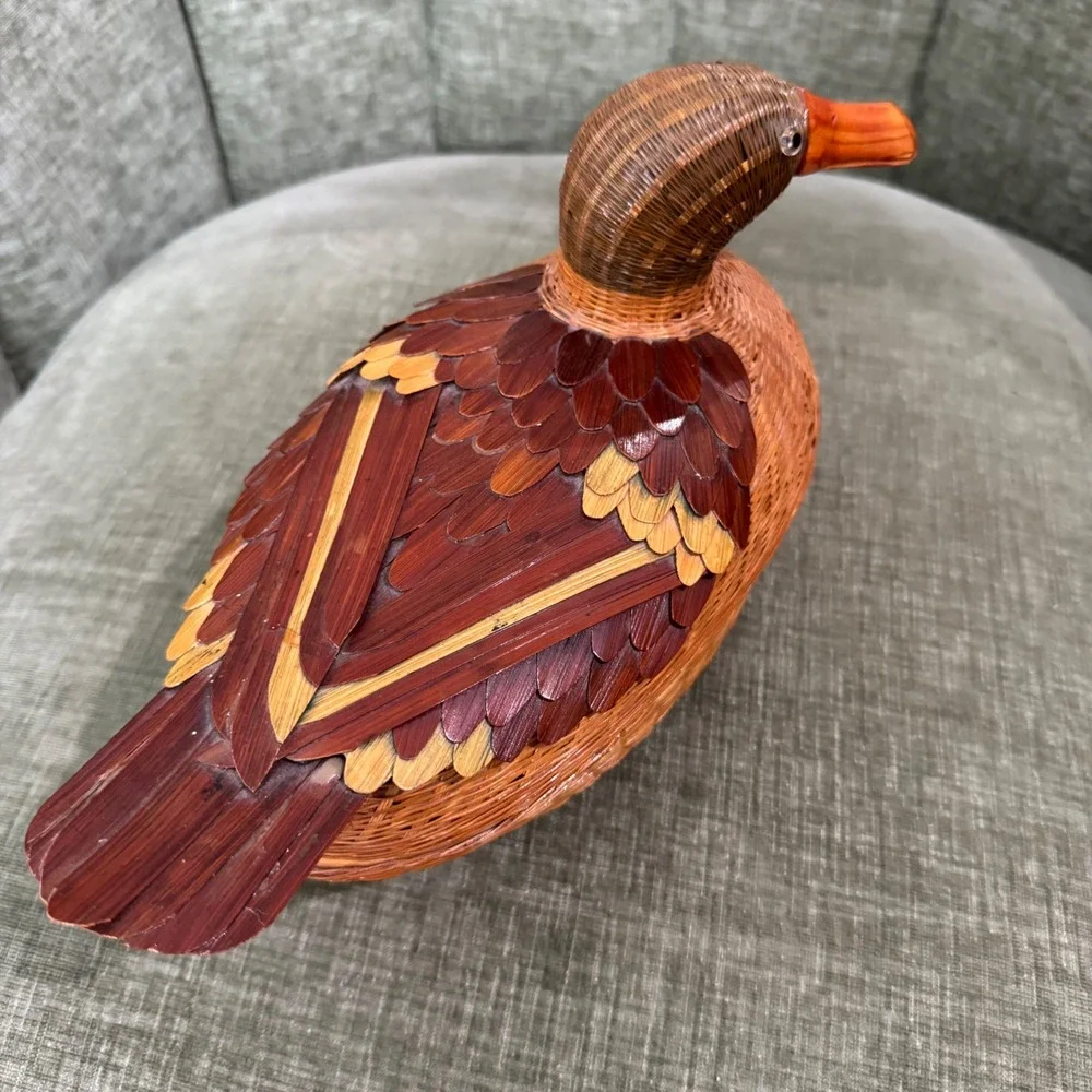 Vintage Duck Wicker Basket Brown Woven Mallard Storage Trinket Box Decoy